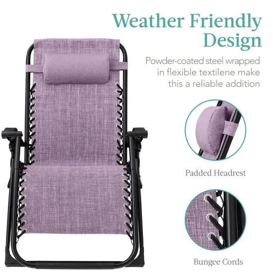 Best Choice Products Oversized Zero Gravity Chair, Folding Recliner w/ Removable Cushion, Side Tray Lavender {3}