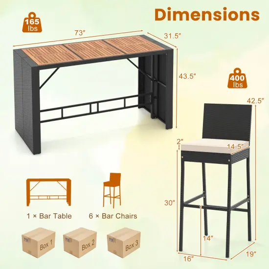 7 Pieces Acacia Wood Patio Rattan Bar Set with Comfortable Footrest and Backrest {5}