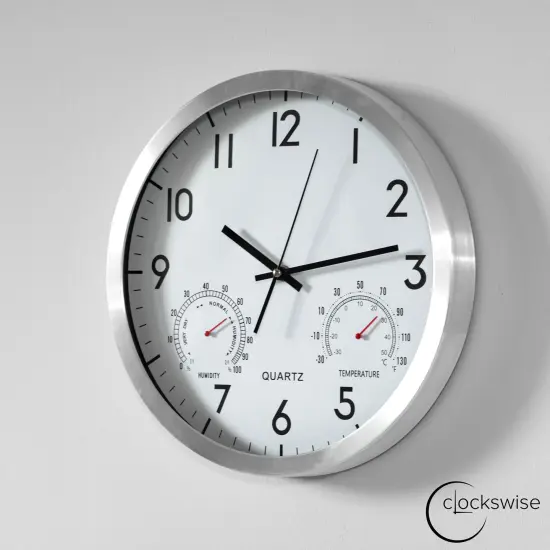 Clockswise Non-Ticking Quartz Wall Clock with Thermometer & Hygrometer - Battery Operated Aluminum Analog Clock for Temperature & Humidity Monitoring - Ideal for Home, Office or School, Silver {6}