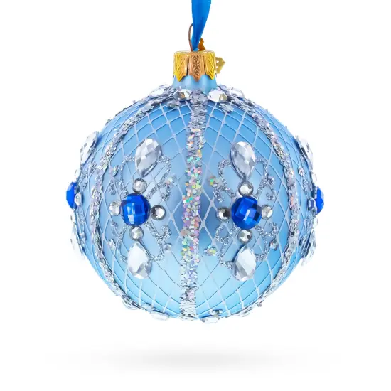 Luxurious Blue and Silver Jeweled Glass Ball Ornament 3.25 Inches {4}