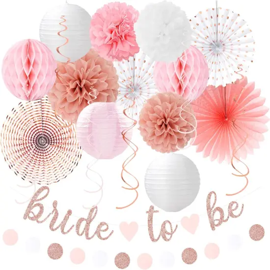 Light-Pink Rose-Gold Bachelorette Party-Decorations - 21pcs Baby Bridal Shower Banner Garland, Bride To Be Paper Streamers Lanterns,flower Tissue Pom Poms Fan Supplies,Wedding Backdrop Decor {1}