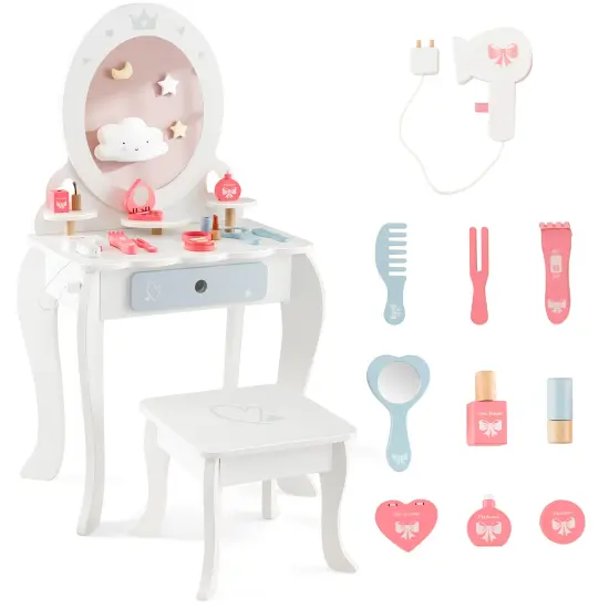 White MDF Kids Vanity Set with Removable Mirror, Storage, Stool, and Accessories {4}