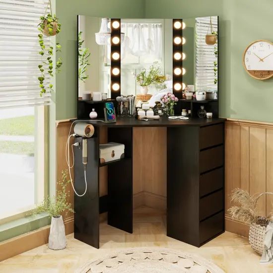 5 Drawers Corner Vanity Desk with LED Mirror and Charging Station Storage Shelves for Bedroom Black {2}