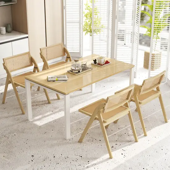 Costway Foldable Dining Chairs Set of 2/4 with Woven Rattan Backrest & Seat Rubber Wood Frame Natural {3}