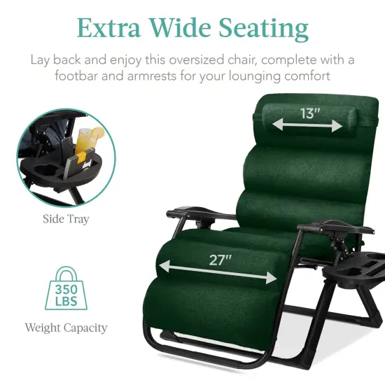 Best Choice Products Oversized Zero Gravity Chair, Folding Recliner w/ Removable Cushion, Side Tray Forest Green {4}