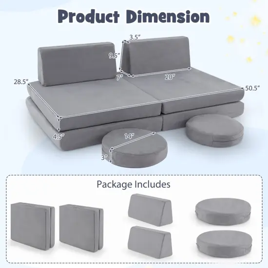Grey 6 Pieces Modular Kids Play Couch Set with Velvet Covers Perfect Gift for Creative Kids {5}