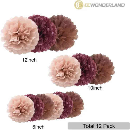 Burgundy Brown Tissue Paper Pom Poms-12PC Tissue Paper Flowers-Wall Hanging Decorations for Bachelorette, Neutral,Bridal,Boho Birthday Decorations 8,10,12in {2}