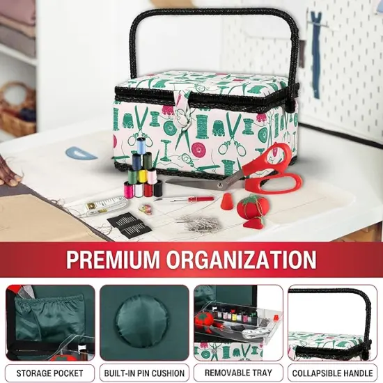 Basket with Sewing Notions Kit & Removable Tray-Vintage Spools, Tan {3}