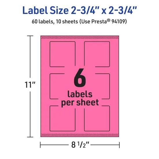 Avery Bright Pink Paper Labels, 2.75" x 2.75" Square {5}