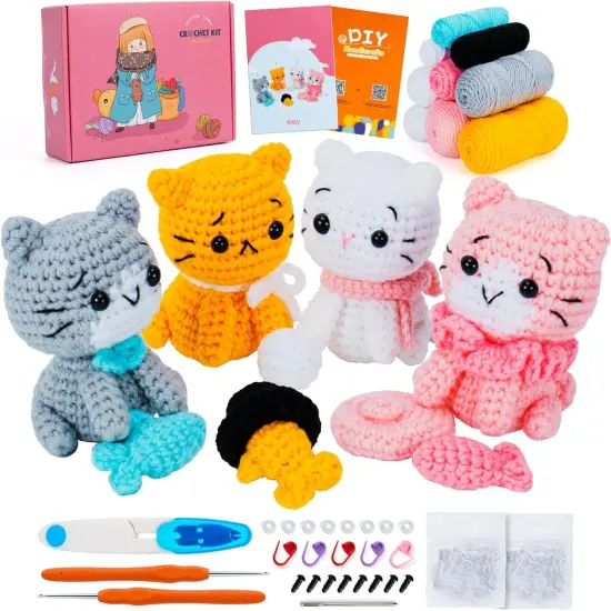 Crochet Kit for Beginners - Cat Crochet Kit Learn to Crochet Kits for Adults and Kids, 4 PCS Cat with Hat, Toy, Fish Crocheting Set {1}