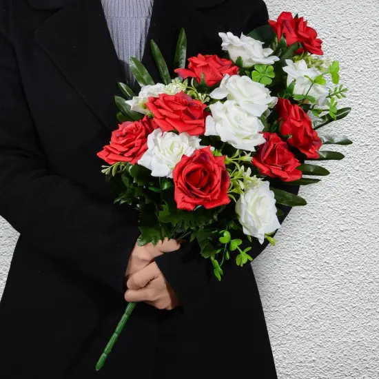 Artificial Cemetery Flowers, Memorial Rose Flowers Grave Decoration Flower Bouquets with Vase for Cemetery Graveyard Headstones Decor, Set of 2 (Red&White) {4}