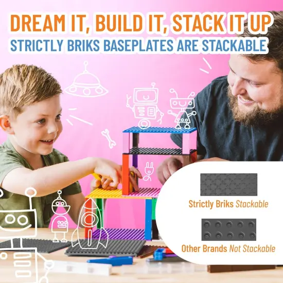 Strictly Briks Large Classic Stackable Baseplates, Building Bricks For Towers, Shelves, and More, 100% Compatible with All Major Brands, Gray, 4 Base Plates & 30 Stackers, 10x10 Inches, Ages 3-14 Grey {5}