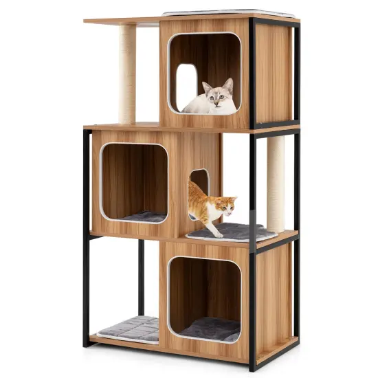 Natural Gray Engineered Wood Multi-Level Cat Tower with Metal Frame {4}