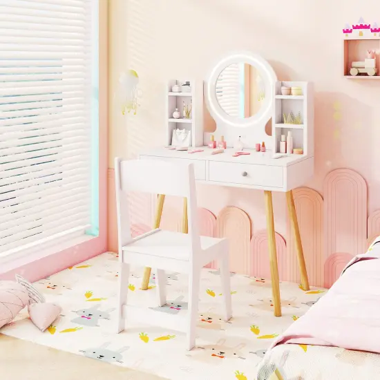 MDF and Pine Wood Kids Vanity Set with LED Mirror, Storage and Chair White {5}