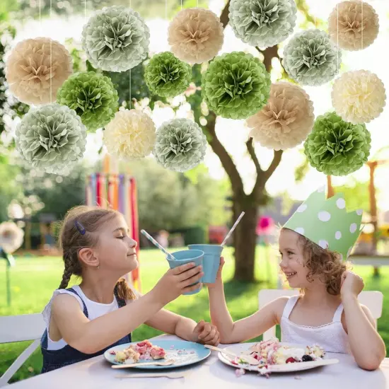15 PCS Sage Green Pom Pom Decorations Sage Green Party Decorations Olive Green Decor Paper Flowers for Wall Sage Green Birthday Bridal Neutral Baby Shower Wedding Decor {2}