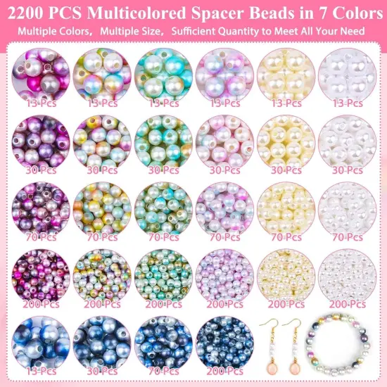 2200PCS Pearl Beads, 4/6/8/10mm Multicolor Pearl Beads Loose Pearls for Crafts with Holes for Jewelry Making, Small Pearl Filler Beads for Crafting Bracelet Necklace Earrings {3}