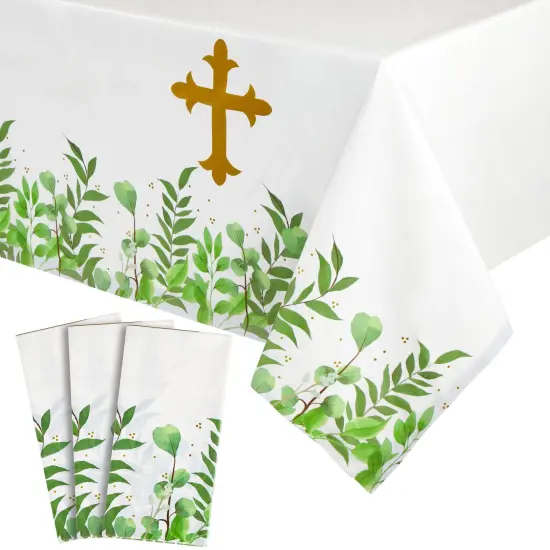 3-Pack Religious Table Covers for Easter Party, Baptism, First Communion, Catholic Gold Cross Plastic Tablecloth - 54x108 inch - Party Accessory for Themed Events and Special Occasions {1}