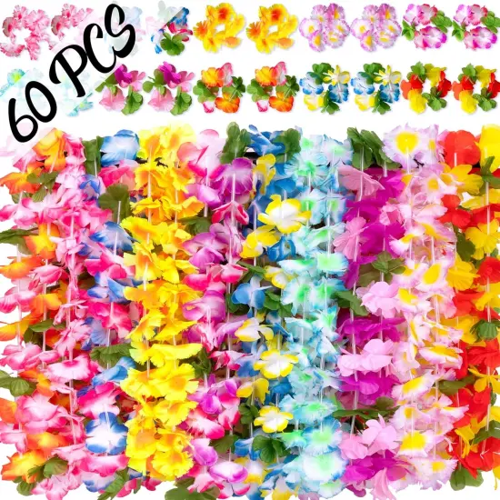 60 Pieces Hawaiian Luau Leis - Tropical Tiki Hibiscus Flowers for Summer Pool Party Favors Supplies Decorations (10 Styles) {1}