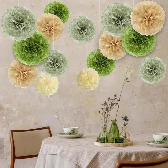 Olive Sage Green Tissue Paper Pom Poms Ceiling Decors Safari Jungle Party Decorations Paper Flowers Decorations Natural Green Boho Hanging D&eacute;cor for Birthday Baby Shower Bridal Wedding Party Supplies {4}