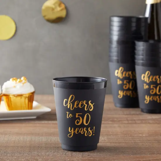 16 Pack Cheers to 50 Years Plastic Party Cups - 50th Birthday Decorations for Men and Women, Anniversaries (Black, 16 oz) {3}
