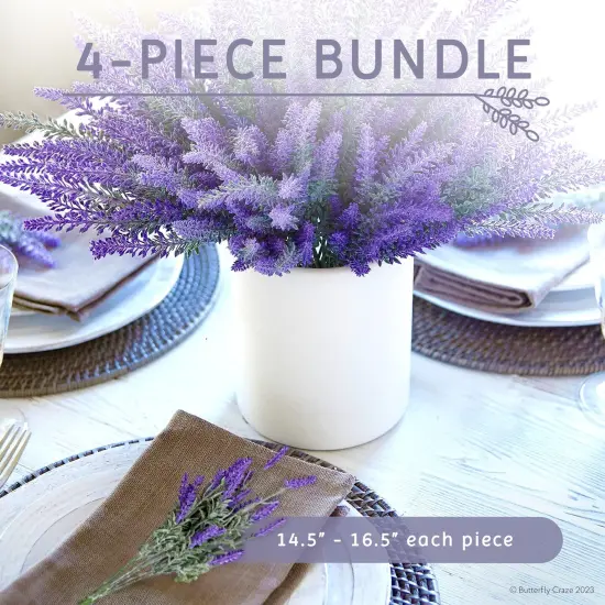 Butterfly Craze Lifelike Artificial Lavender Plants - Perfect for Crafting, Home Decor, and Weddings, Pair with Fake/Dried Flowers like Purple Roses, Nearly Natural Faux Silk Flowers, 4-Piece Bundle {3}
