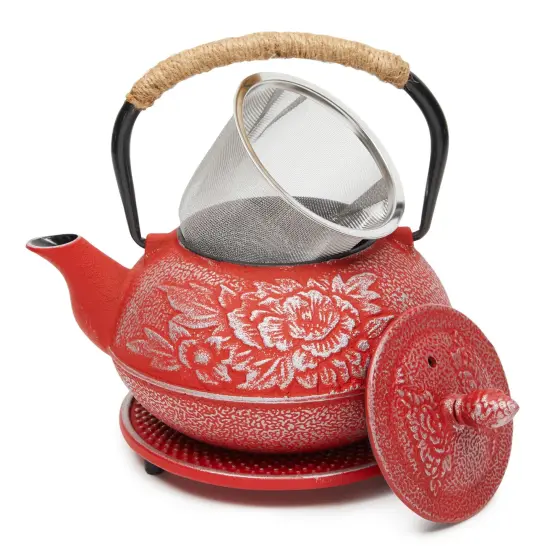 Cast Iron Teapot with Infuser - Japanese Tea Kettle, Loose Leaf Tetsubin with Handle and Trivet (Red, 3 Pcs, holds 27 oz, 800 ml) {1}