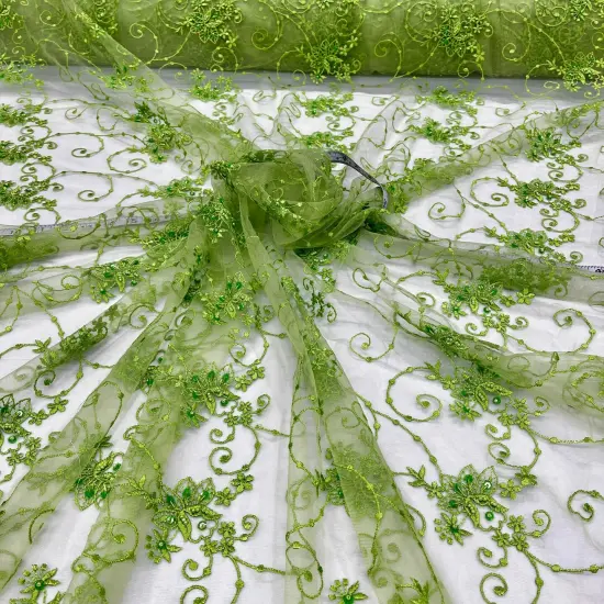 1 Yard Beaded Lace Fabric Embroidered Pearl Sequin Tulle Mesh Dress 52" Width Brown {2}