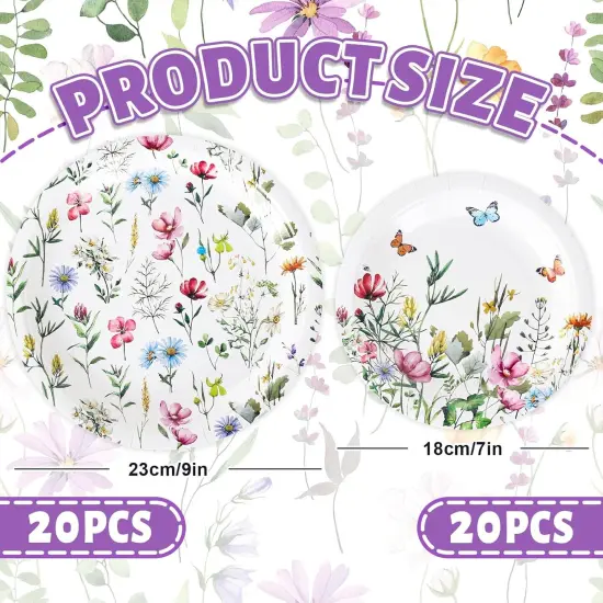 40Pcs Wildflower Paper Plates Floral Party Decoration 7 In & 9 Inch Disposable Dinner Dessert Plates for summer occasions {2}