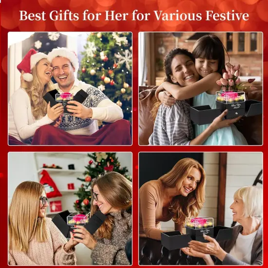 Preserved Dark Pink Real Rose with Heart I Love You Necklace -Eternal Flowers Rose Birthday Gifts for Women Her Mom Wife Girlfriend Grandma on Valentines Mothers Day Christmas Anniversary Romantic {5}