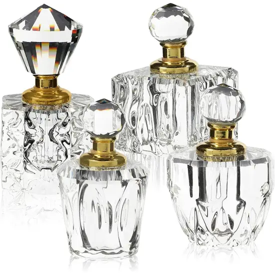 4 Pack Crystal Perfume Bottle Set in 4 Unique Designs, Empty Refillable Bottles for Fragrances, Bathroom Decor Clear {1}