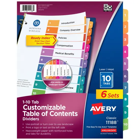 Avery Ready Index 10 Tab Binder Dividers, Customizable Table of Contents, Multicolor Tabs, 6 Sets (11188) {1}