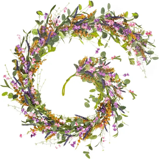 6FT Lavender Flowers Garland with Wildflower, Purple Pink Floral Eucalyptus Vine, Artificial Summer Spring Garland for Mantle Wedding Arch Porch Window Indoor Decor Home Decoration {1}