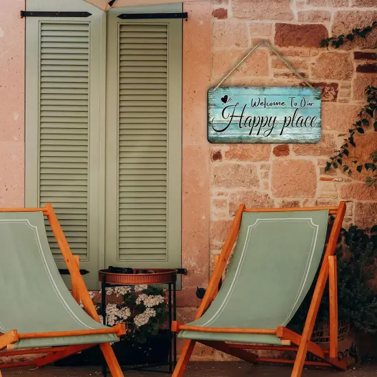 Welcome To Our Happy Place Sign Personalized Front Door Signs For Home Decor Wooden Hanging Sign Beach Signs Patio Wall Decor Summer Wood Porch Sign House Welcome Door Sign 6x12 Inch {3}