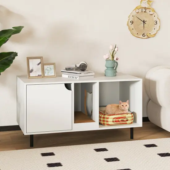 Engineered Wood Cat Litter Box Cabinet with Scratcher and Storage White {2}