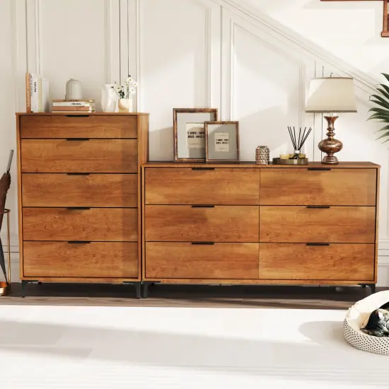 Cherry MDF 5 Drawer Dresser with Metal Legs and Anti Tipping Kit {6}