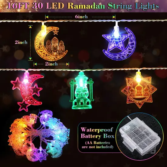 1 Pack 16 ft Moon Star Ramadan String Lights 30 LEDs, Battery Operated Eid Mubarak Fairy Lights for Ramadan Decoration, Eid Decorative Lights with Remote Control (Colorful) {6}