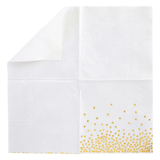 100 Pack Disposable White and Gold Paper Cocktail Napkins for Wedding Reception, Polka Dot Party Supplies (5 x 5 In) {5}