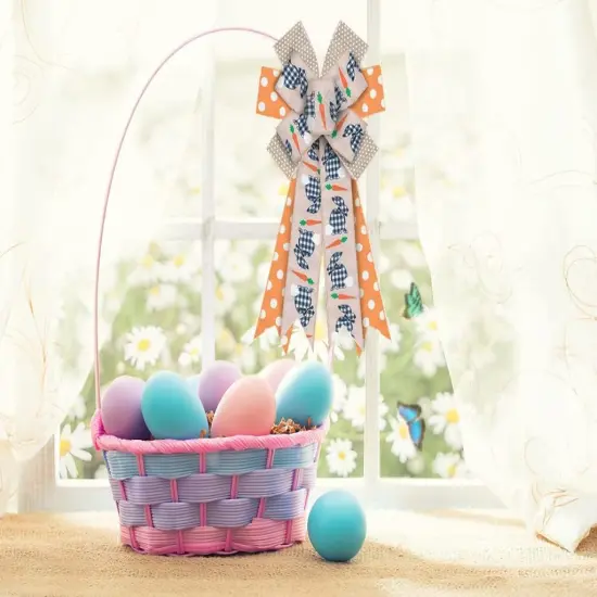 Large Easter Bunny Bows for Wreath, Happy Easter Wreath Bows Orange Natural Burlap Bows Rabbit Dots Holiday Tree Topper Bows for Front Door Spring Easter Decorations Party Supplies {4}