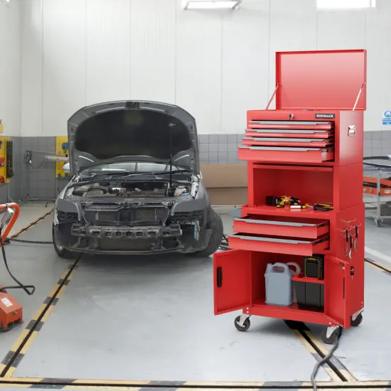 3-in-1 Rolling Tool Chest Storage Cabinet with Universal Wheels and 6 Different Size Drawers Red {1}