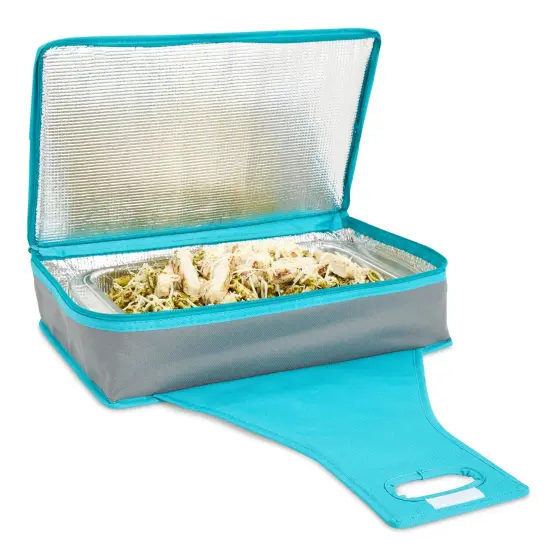 Thermal Insulated Casserole Carrier - Food Warmer Bag Container to Keep Food Hot for Lunch, Potluck Dish, Picnics, Pie, Transport (Teal and Gray, 16x10x4 in) Blue {1}
