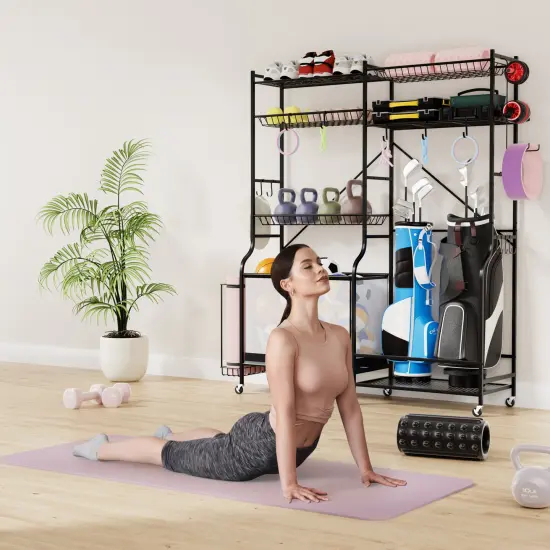 Black Sports Equipment Organizer with 5 Adjustable Storage Shelves and 5 Lockable Whhels {2}