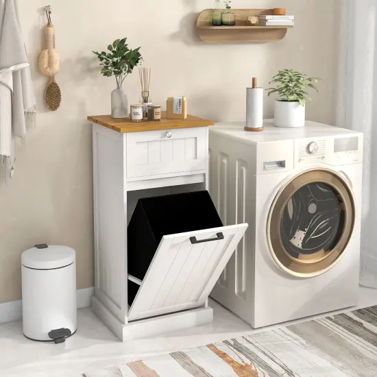 10 Gallon White MDF Laundry Hamper with Tilt-Out Cabinet Drawer and Portable Handle for Bathroom {2}