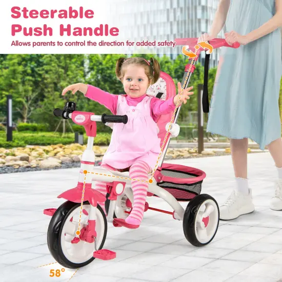 5-in-1 Detachable Baby Stroller Tricycle with Adjustable Sun Protection and Foldable Footrests Pink {5}