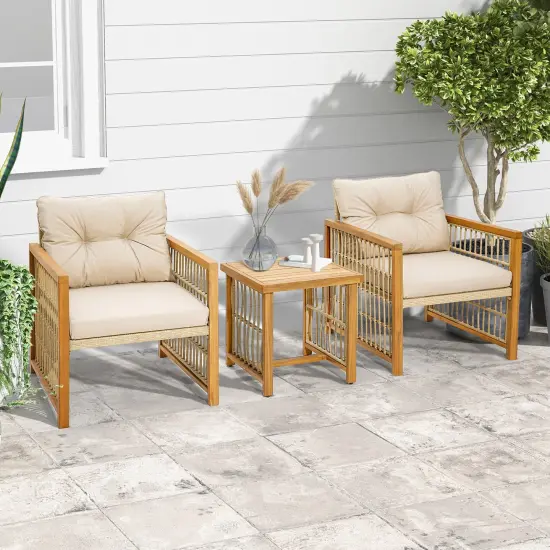Costway 3PCS Patio PE Wicker Conversation Set Acacia Wood Frame withSeat & Back Cushions {2}