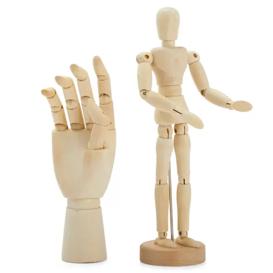 7" Wooden Hand Model and 8" Posable Wooden Mannequin Figure for Drawing, Adjustable Art Supplies (2-Piece) Brown {1}