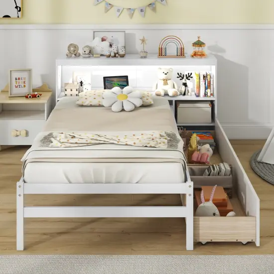Solid Wood Bed with Storage Headboard, LED Light, USB Ports and Drawers White {3}