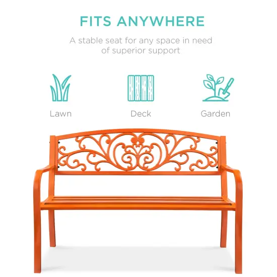 Best Choice Products Outdoor Steel Bench Garden Patio Porch Furniture w/ Floral Design Backrest Carrot {3}