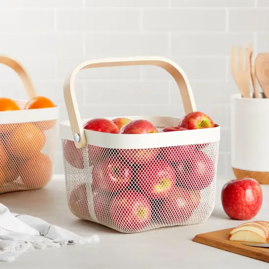 4 Pack Square Metal Mesh Fruit Basket with Wooden Handle for Kitchen, Pantry Storage and Organization (9.5 x 7 In, White) {2}