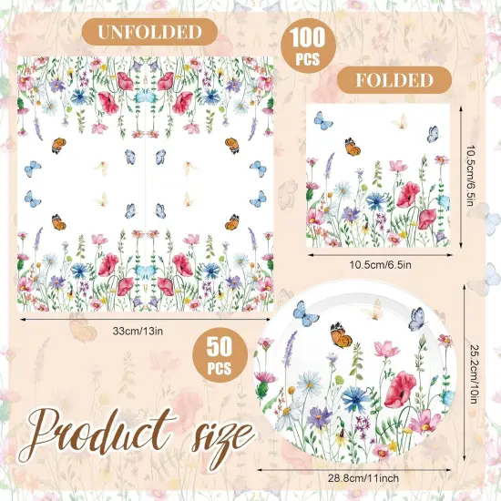150 Pcs Floral Party Supplies, 50 Pcs Floral Paper Plates 11 Inch and 100 Pcs Wildflower Paper Napkins 13 Inch Butterfly Disposable Plates for Summer Tea Party {2}