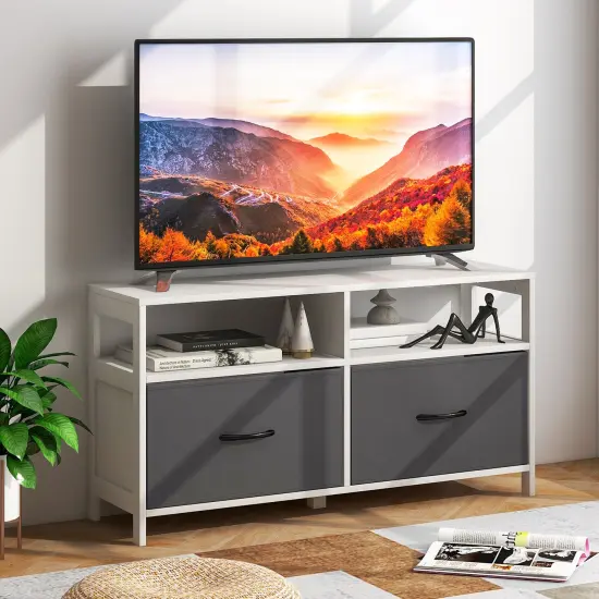 Gray White MDF 2 Drawer Dresser with Open Shelves and TV Stand Use {2}